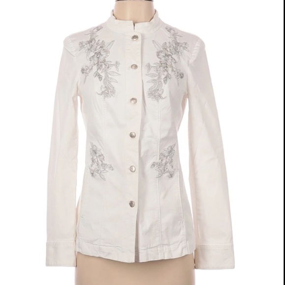 WHBM White Denim Jacket w/ Silver Floral Embroidery Womens 8 Vintage - Picture 1 of 15